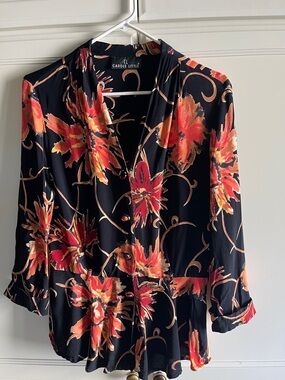Carole Little Vintage Peplum floral  Pattern Blouse Jacket covered buttons Large